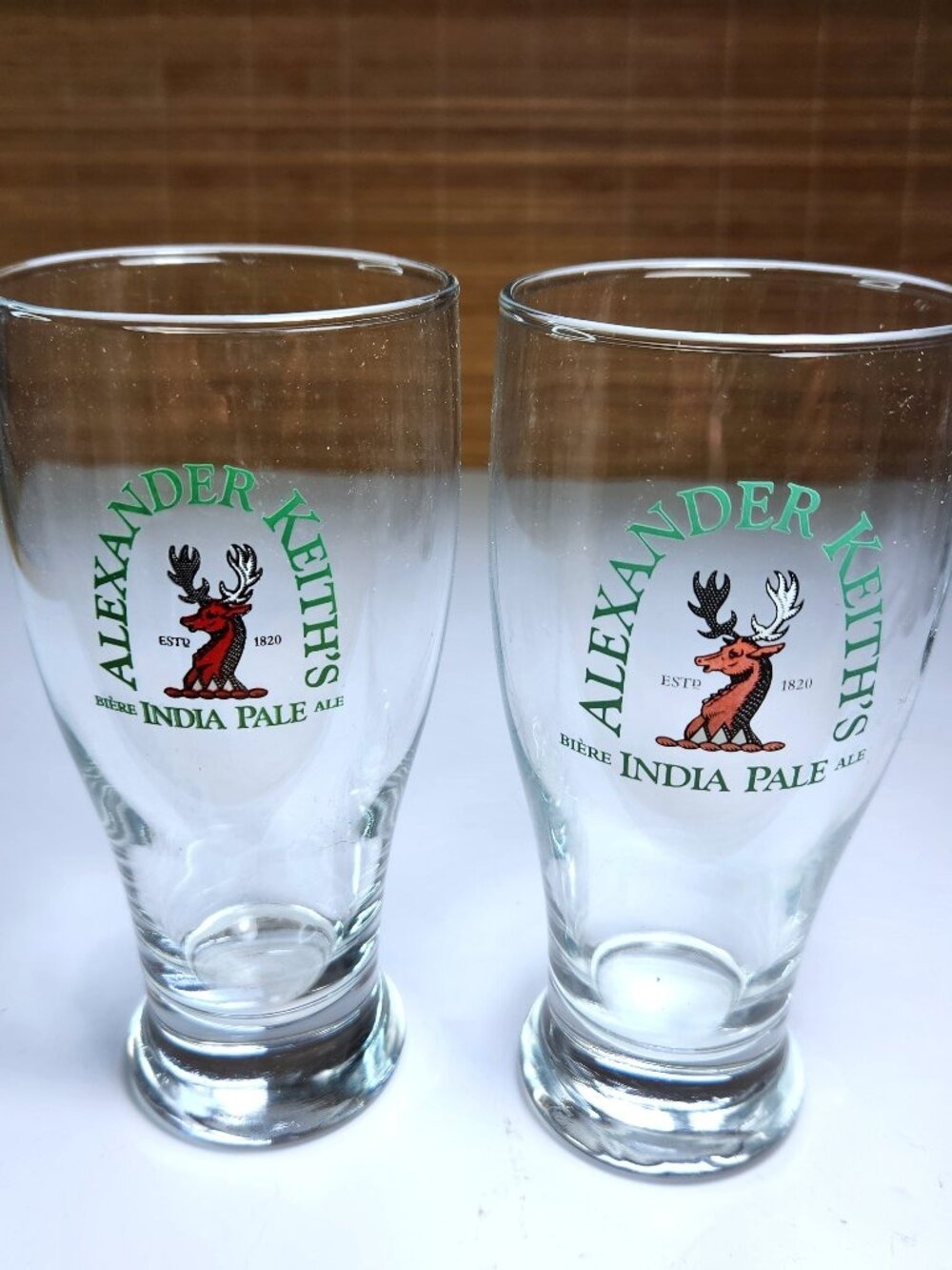 Lot of 2 Vintage Alexander Keiths IPA Beer Glasses Pair Estd 1820 Crimson Red